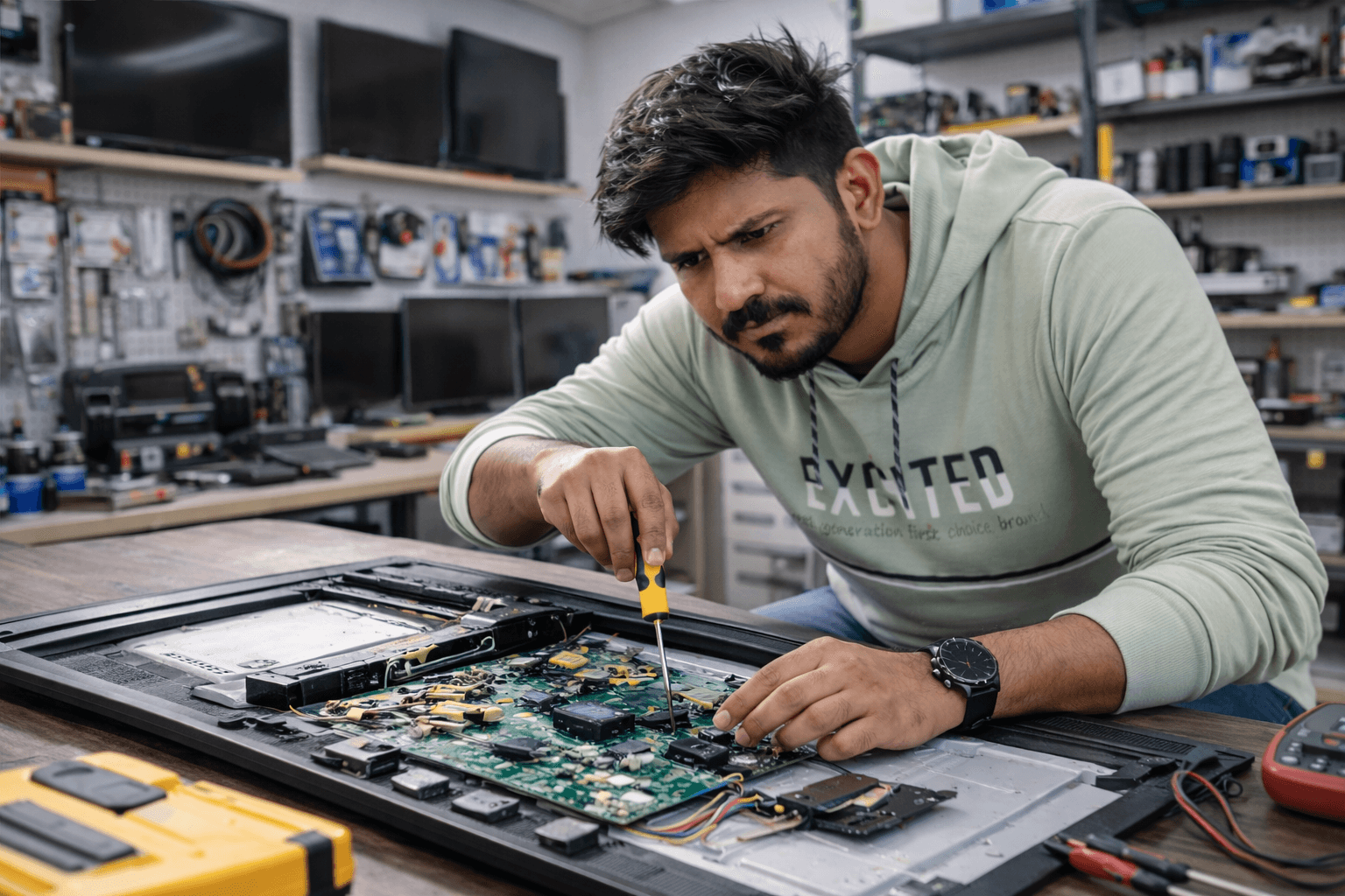 TV repair technician working on electronics